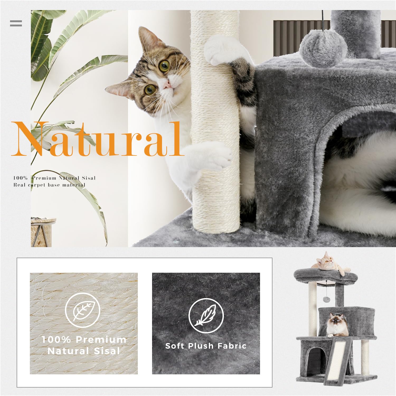 Pawz Road 34 Inches Cat Tree Multilevel Cat Tower With Double Condos, Spacious Perch, Fully Wrapped Scratching Sisal Post And Re